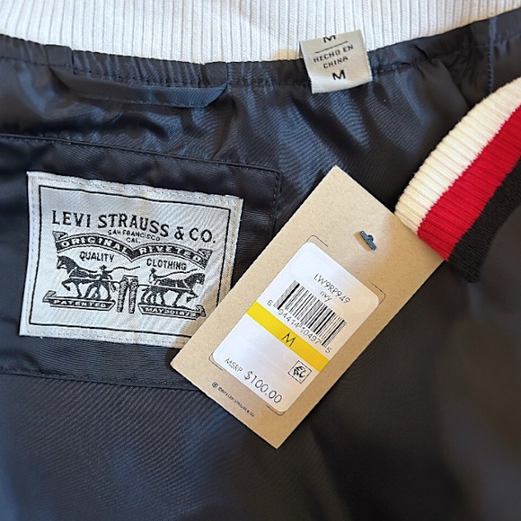 $100 Navy Levi’s Retro Varsity Bomber Jacket Medium Colorblock Stripe Trim NWT - Picture 14 of 16